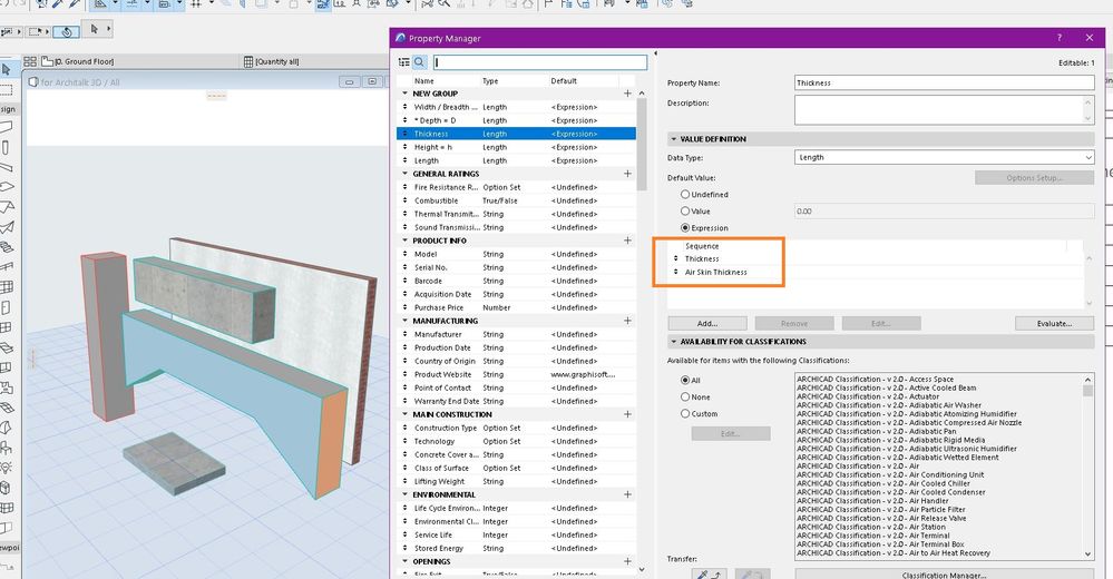 Property settings for thickness