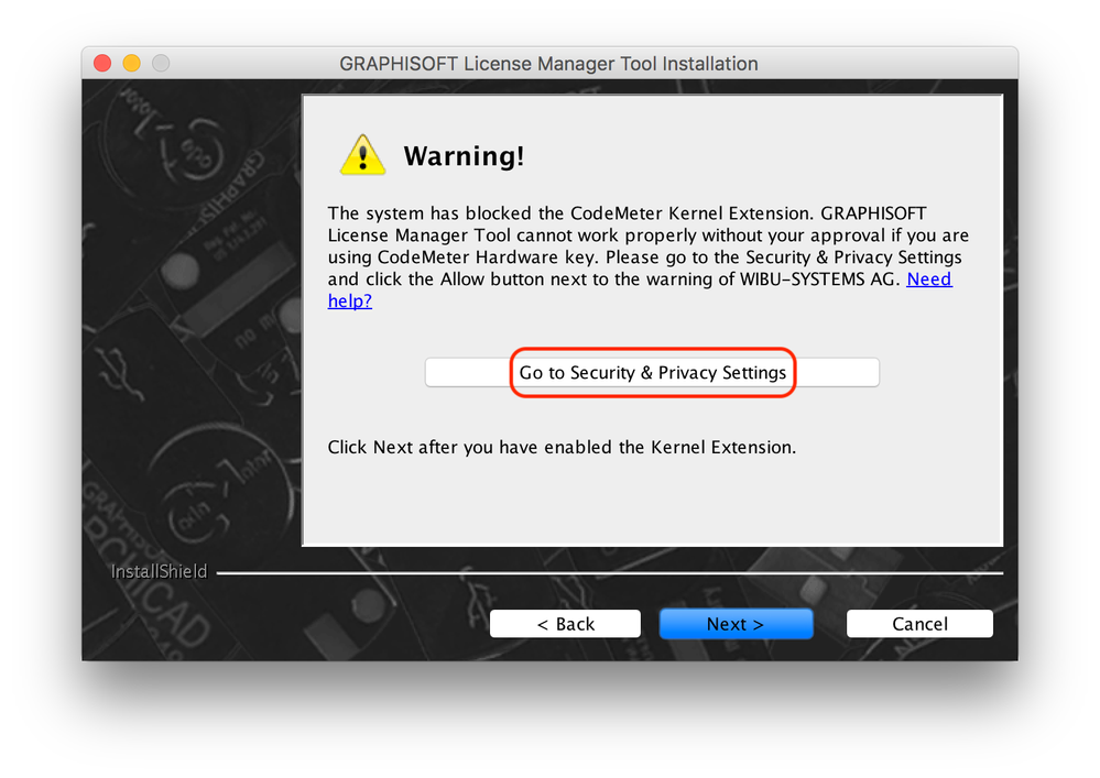 Kernel Extension warning installer button
