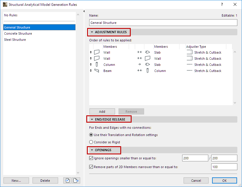 Figure to be loadedStructural Analytical Model Generation Rule tool dialog box