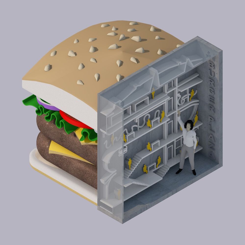 Still frame of presentation of Burger Plaza. Food in Architecture, reinterpretation of forms made out of familiar foods.