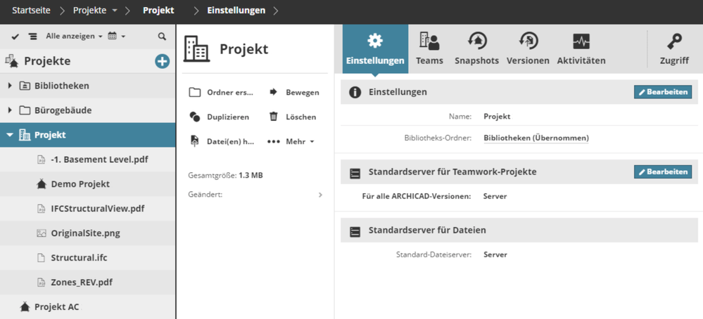 BIMcloudProject.png BIMcloud Projekt auf der browserbasierten Oberfläche des BIMcloud Managers