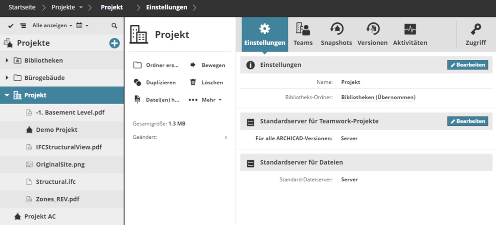 BIMcloud Projekt auf der browserbasierten Oberfläche des BIMcloud Managers