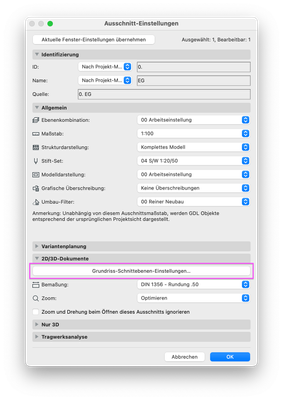 Ausschnitt Einstellungen - Grundriss-Schnittebenen Einstellung