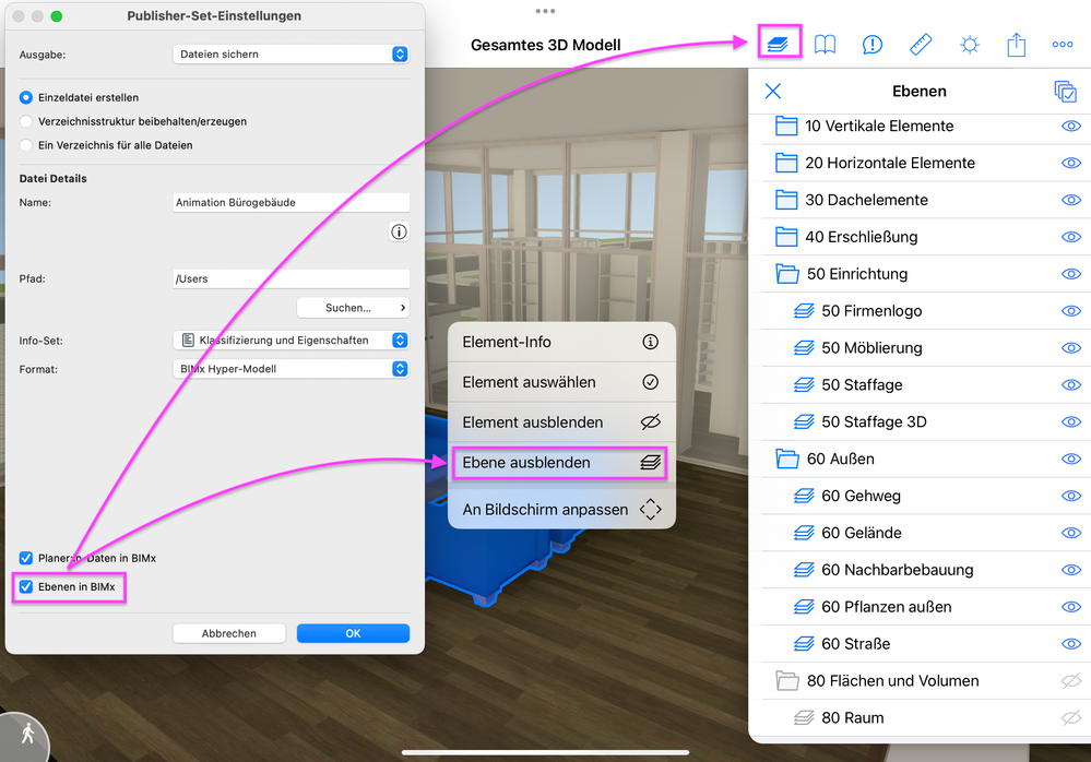 Publisher Set Einstellungen "Ebenen in BIMx"