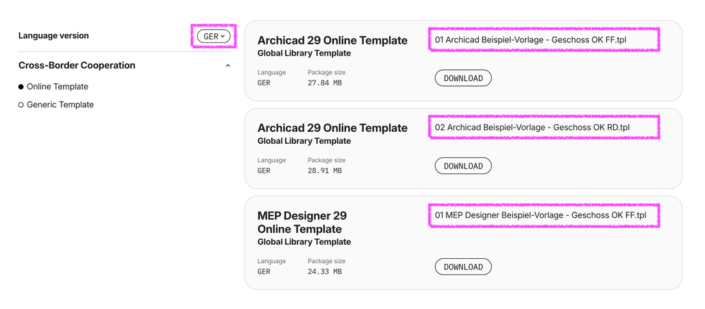 Screenshot einer Webseite mit dem Download‑Bereich für „Archicad 29 Online Template“ auf Deutsch, bei dem die Sprachwahl auf „GER“ eingestellt ist und drei Vorlagenkarten mit hervorgehobenen Beispieldateinamen auf der rechten Seite angezeigt werden.