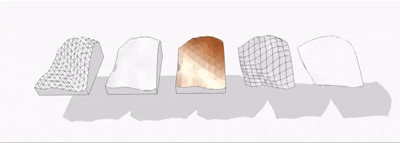 Left to right: MESH with edges off, MESH with smoothed edges, colorized CSLAB_, merged triangles from PLANE_ with their joint edge smoothed, NURBS surface