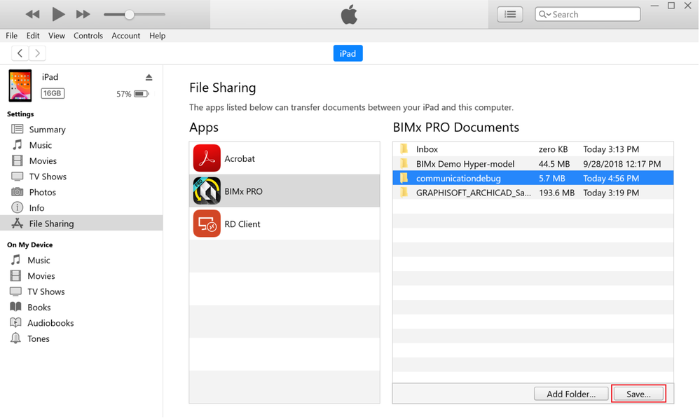 BIMx logs from iOS in iTunes